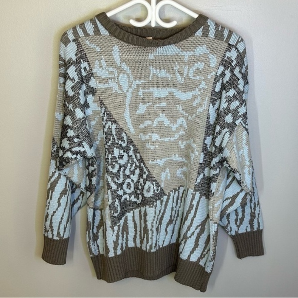 Vintage 80s Olsen Abstract Colorblock Animal Print Knit Sweater Womens Size M